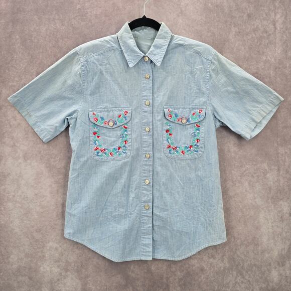 Blue Button Up Floral Embroidered Short Sleeve Vintage Y2K Short Top M Medium - Picture 1 of 6